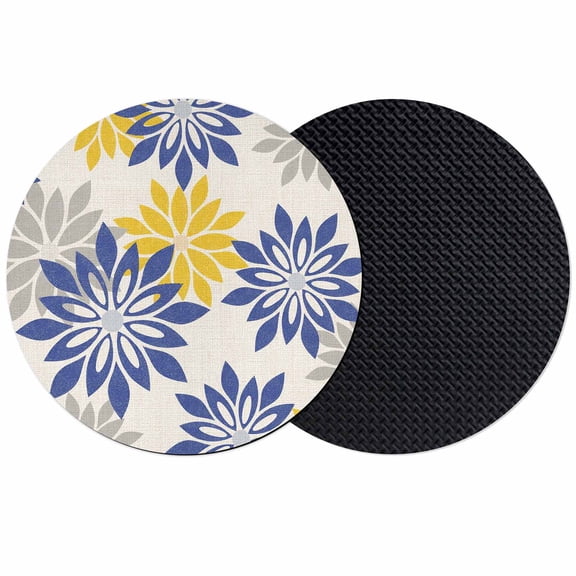 Geometric Flower Coasters Set of 2, Absorbent Coasters for Drinks, Vintage Country Floral Blue Yellow on Linen Coaster for Desk Coffee Table Protection, Home Decor House Warming Gifts 4"
