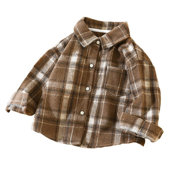 Lenpel Girls' Button down Shirts Toddler Baby Long Sleeve Curved Hem Collared Plaid Shackets Children Shirt Jackets with Pockets(Brown,1-2 Years)