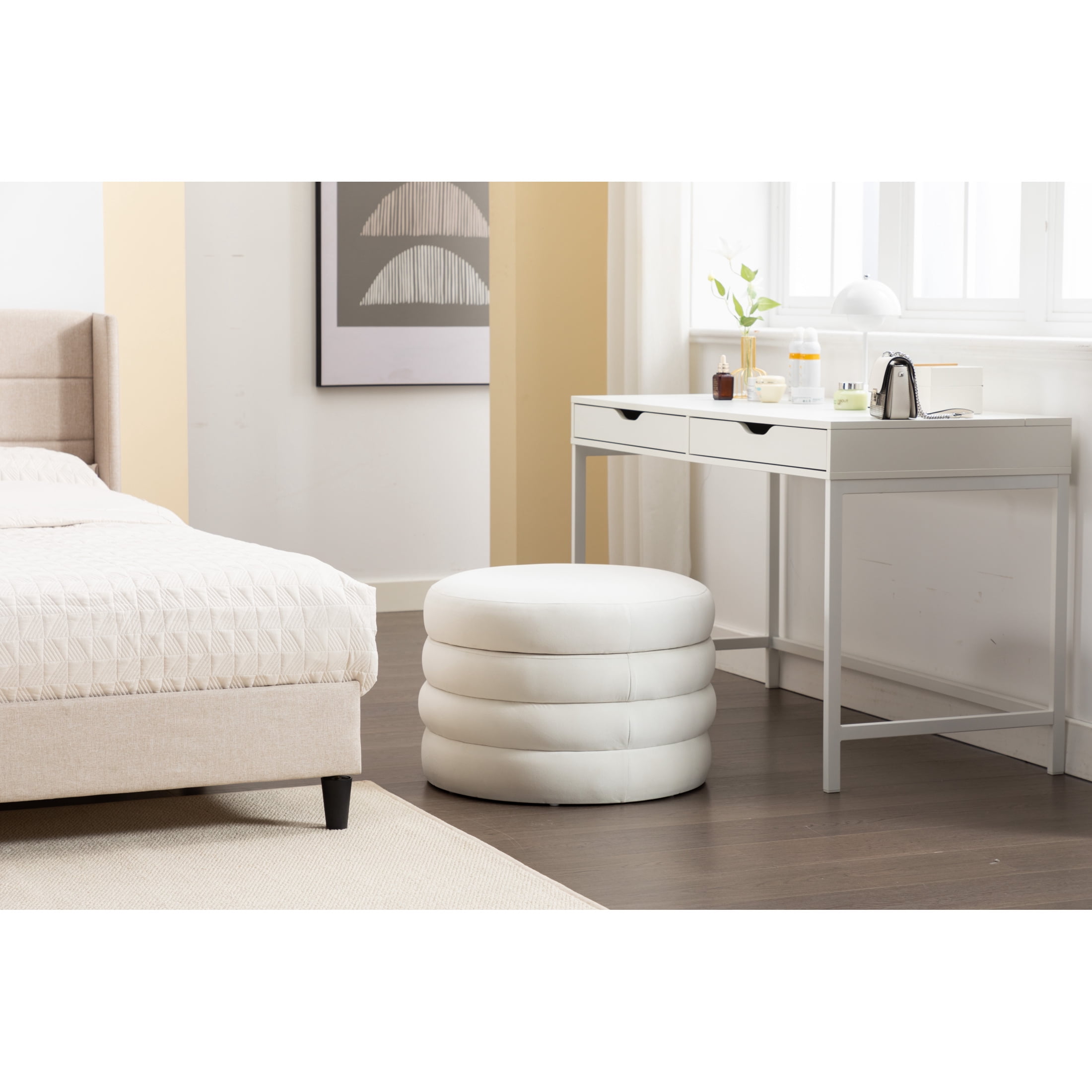 Noble House Blaise Velvet Storage Ottoman with Reversible Lid, 24.41" Bedroom Bench & Footstool, Ivory