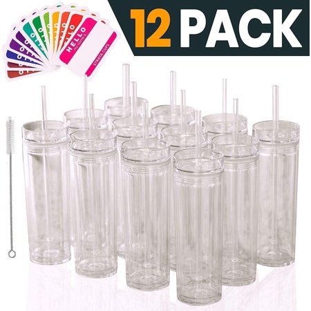 SKINNY TUMBLERS 12 Clear Acrylic Tumblers with Lids and Straws | Skinny, 16oz
