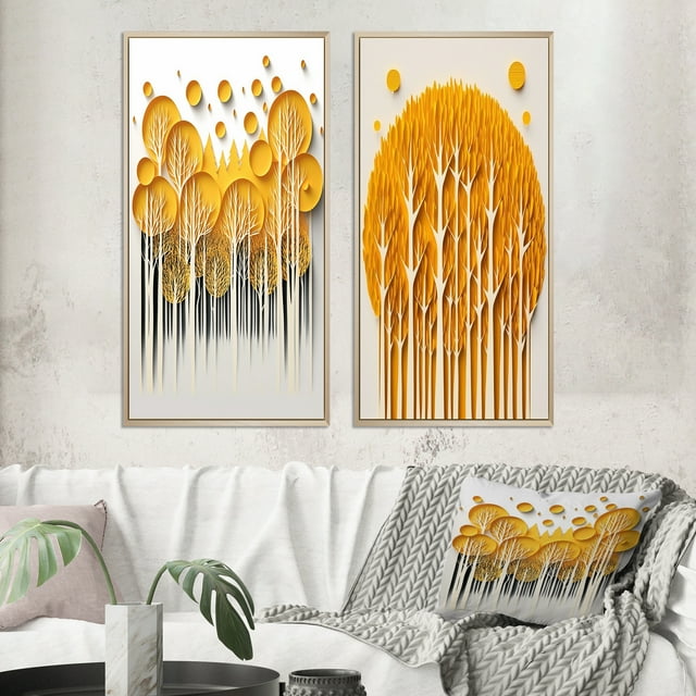 Designart "Quill Minimalism Yellow Trees in the Forest III" Landscape Trees Framed Wall Art Set Of 2 - Traditional Yellow Gallery Wall Frame Set For Home Decor