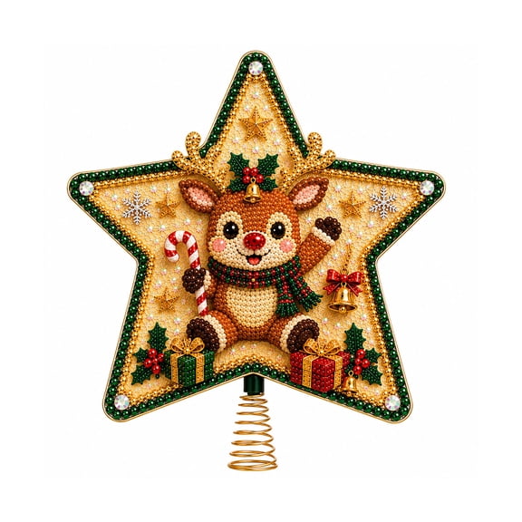 Blasgw DIY Diamond Christmas Star Tree Topper Kit, Reindeer with Candy Cane Rhinestone Pearl Star Decoration with Gold Spring Base, Beginner Friendly Holiday Craft Gift