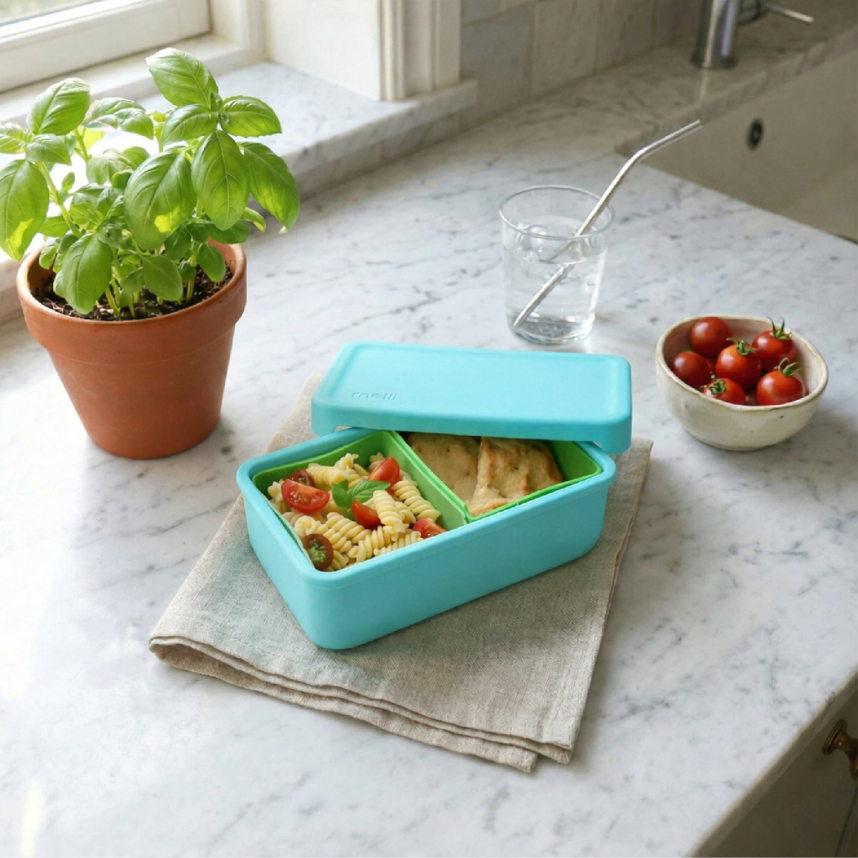 Melii Silicone Bento Box Food Storage Container with Removable Compartments, Blue Mint