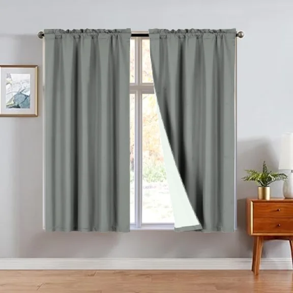Gorgeous Home Linen Matte (Not Shiny) 2 Panels Charcoal Solid Blackout Thermal Rod Pocket Foam Lined Window Curtain Drape R64 63 Length