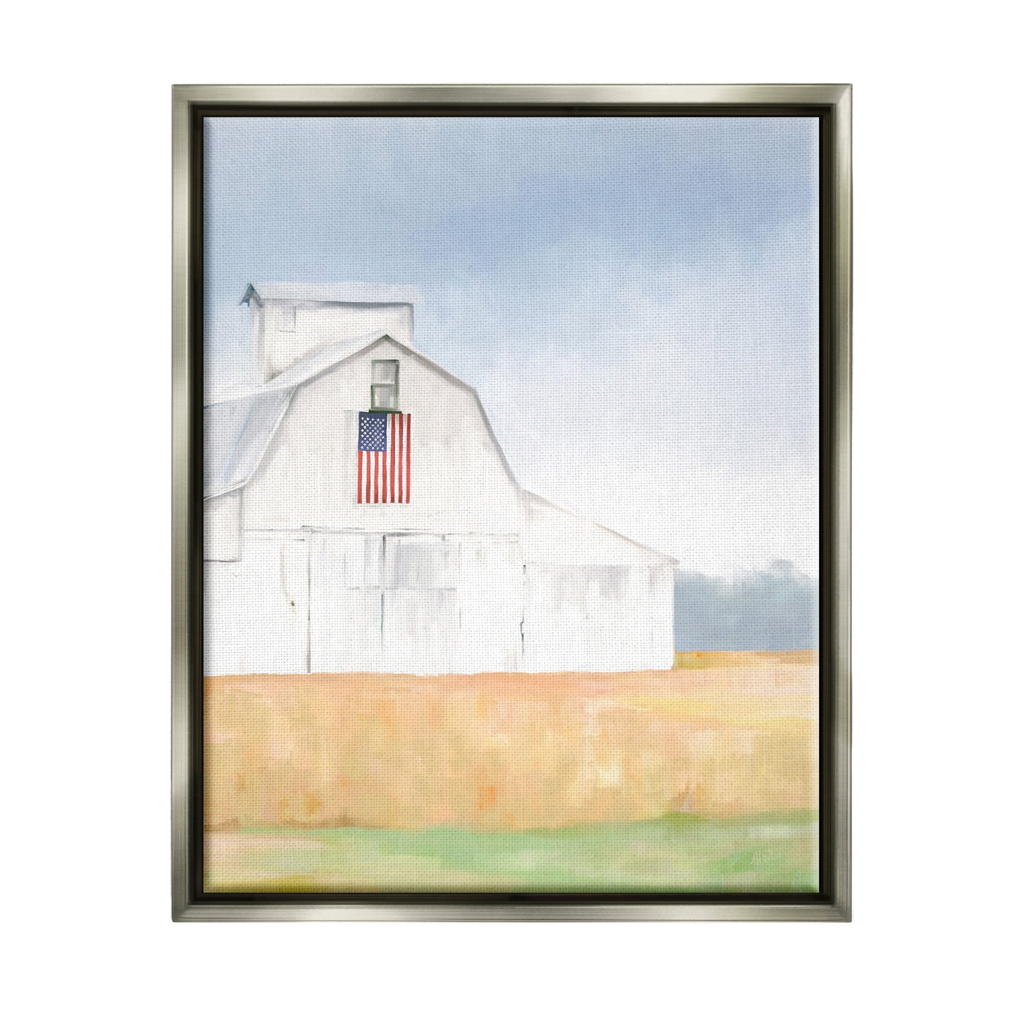 Stupell Industries American Flag White Country Barn Rural Scenery Painting Luster Gray Floating Framed Canvas Print Wall Art, Design by Amy Hall