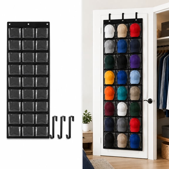 Celectigo Over-the-Door Baseball Cap Organizer, 24 Clear Pockets with 3 Metal Hooks, Black Hanging Hat Storage Rack for Closet Door