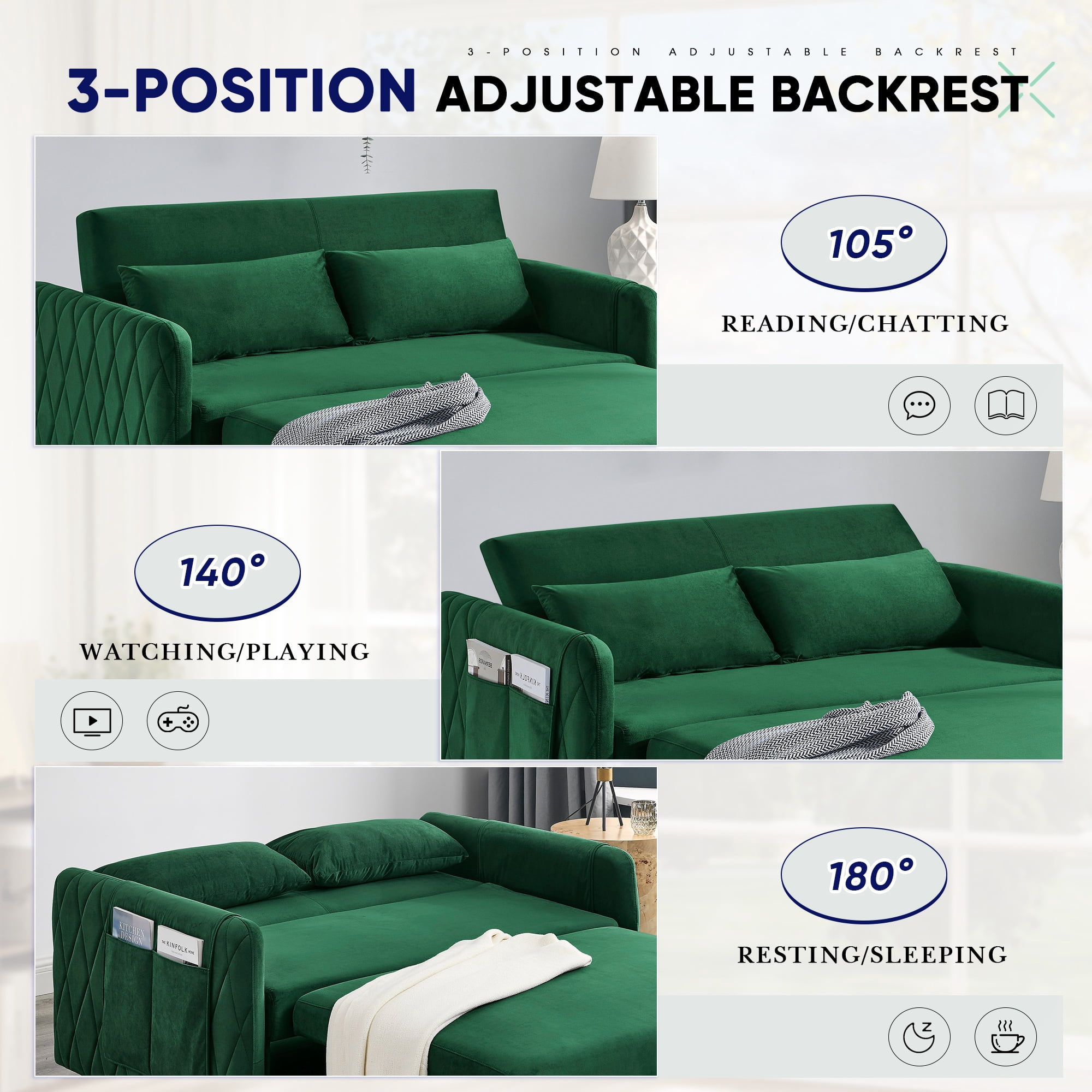 Lunale Convertible Futon Sofa Bed for Living Room, Modern Upholstered Loveseat Sleeper in Green