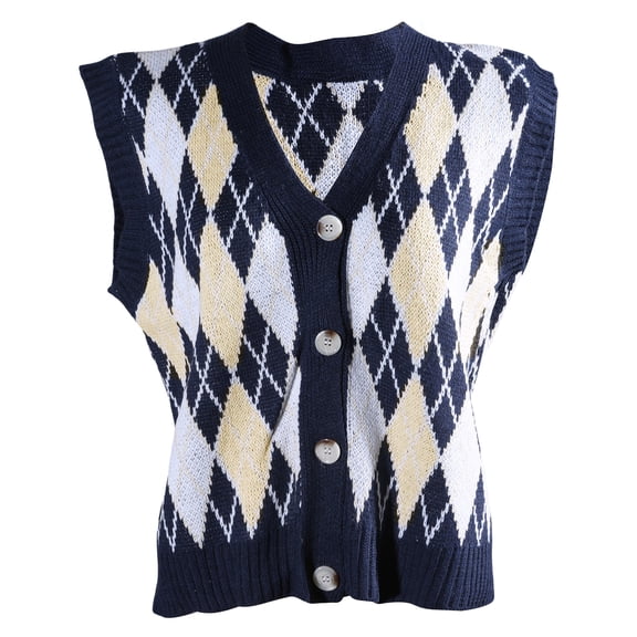 Women Korean Autumn Knit Sleeveless Sweater Vest College Argyle Knitwear V-Neck Button Up Cardigan Outwear