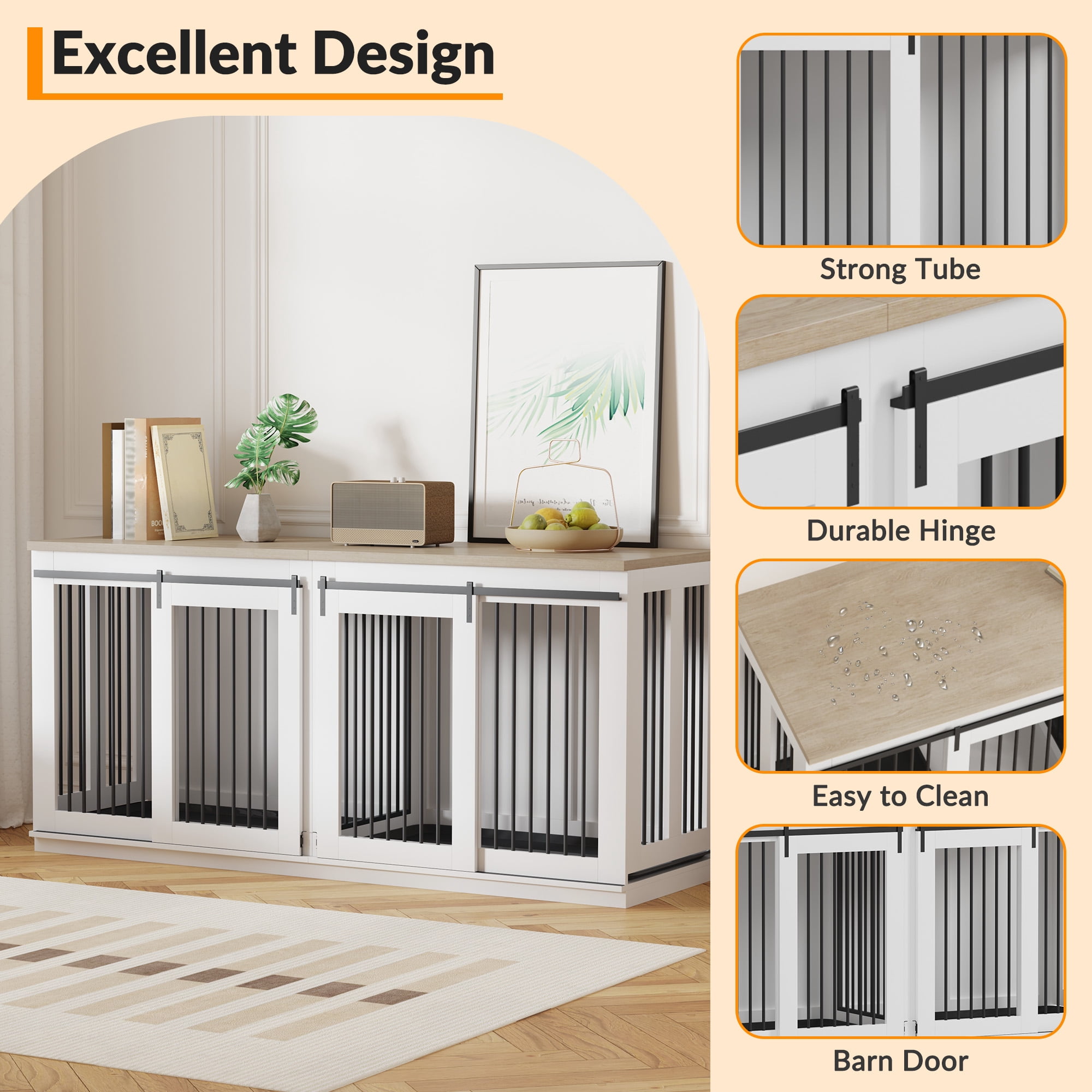 BouPower Dog Crate,Heavy Duty Dog Kennel Furniture For Small Medium Large Dogs,Double-Dog Indoor Wooden Dog Crate Furniture,Anti Escape Dog Cage,Tv Stand,Large Dog Crate Furniture