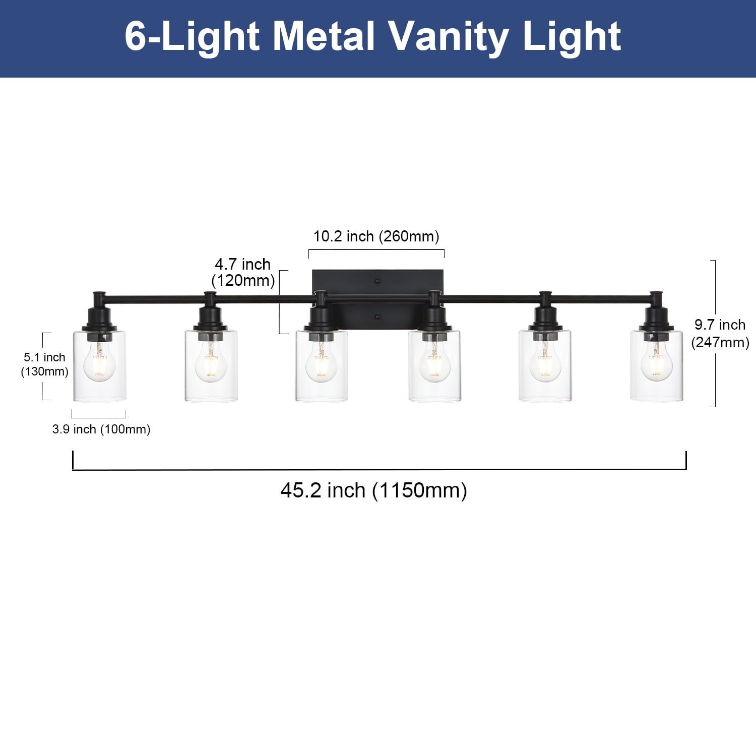 Melucee Modern Bathroom Light Fixtures, 6 Light Vanity Lights, Black Wall Lamp with Clear Glass for Bathroom
