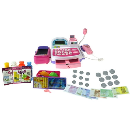 Mini Market Multi-Function Battery Operated Pink Toy Cash Register w/ Flashing Scanner, Working Mic, Knob Operated Belt, Credit Cards, Money, Basket, Food, Lights & Sounds