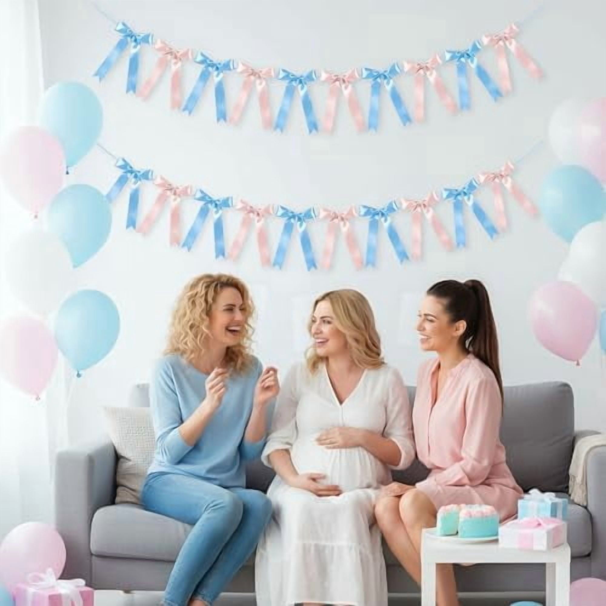 2 Pack Pink and Blue Satin Ribbon Garland Banner for Gender Reveal Parties, Baby Showers, Weddings and Birthday Celebrations with Pre-Strung Bows and Decorative Accents