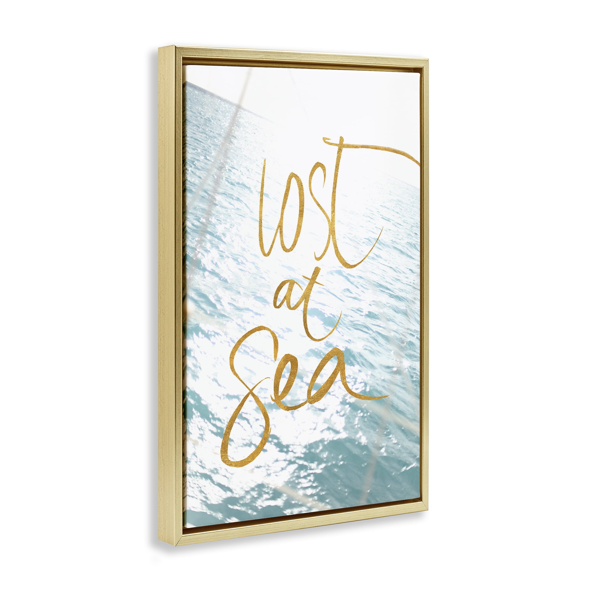 Stupell Industries Lost At Sea Phrase Coastal Painting Gold Floater Framed Canvas Art Print Wall Art, 21 x 31