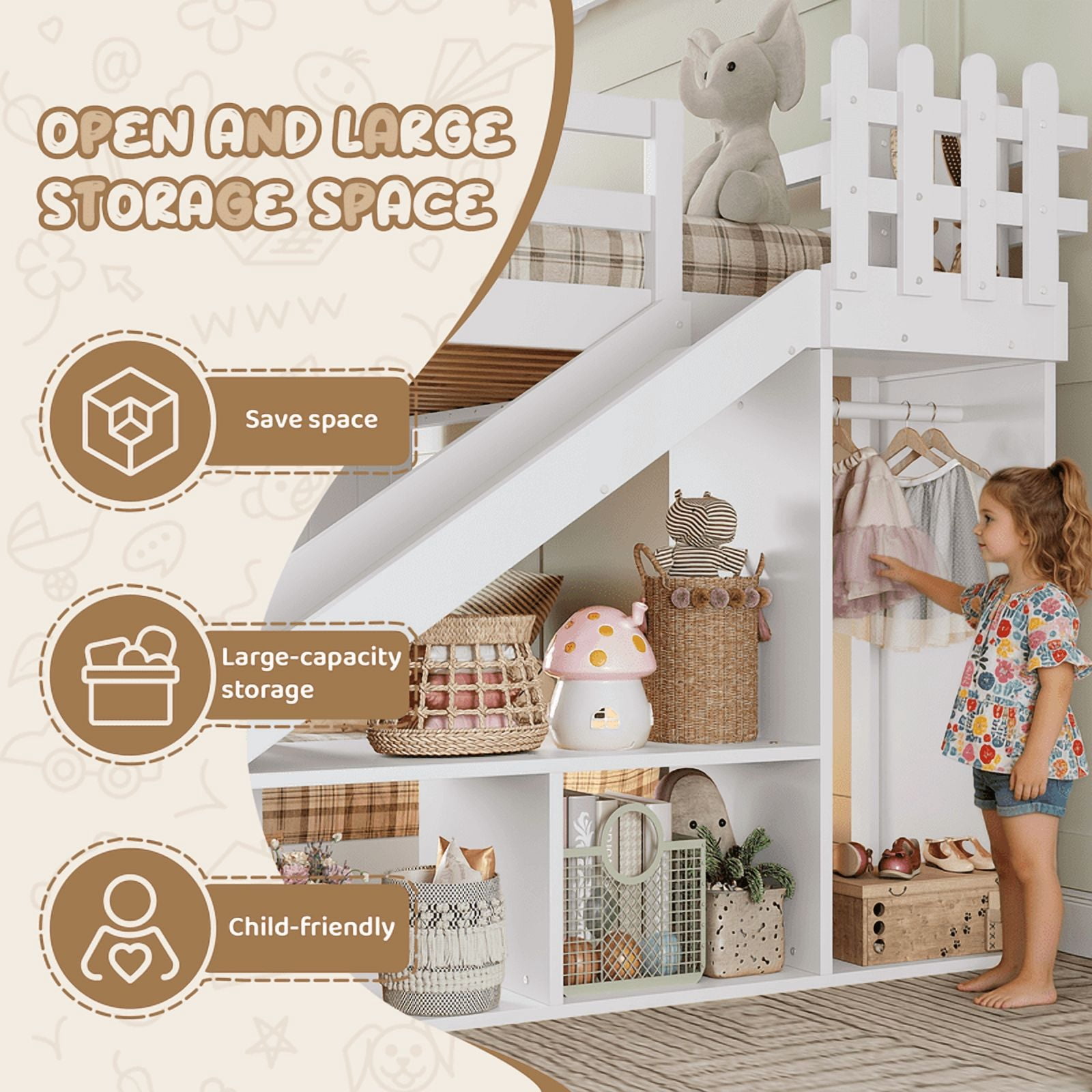 Twin Over Full House Bunk Bed with Slide and Ladder, Kids House Floor Bunk Bed with Storage Shelves and Wardrobe, Playhouse Design, Solid Wood Frame, No Box Spring Needed