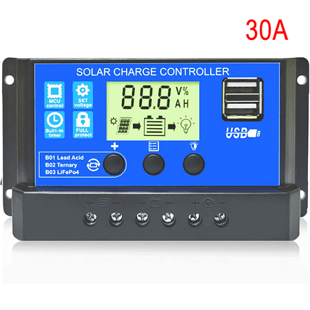 

10A/20A/30A PWM Solar Charge Controller 12V/ 24V Solar Panel Regulator with Adjustable LCD Display Dual USB Port Timer Setting PWM Auto Parameter