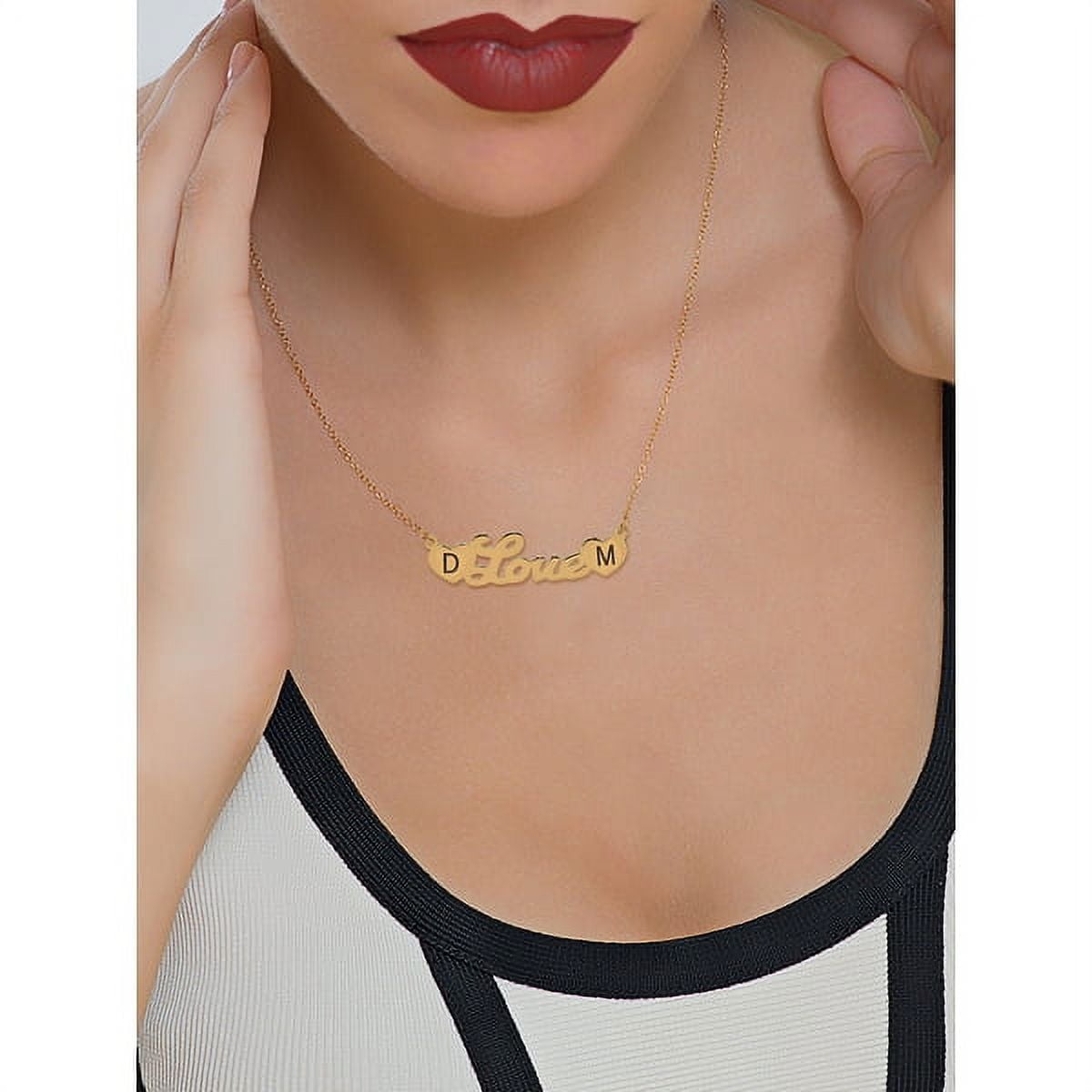 Personalized Sterling Silver, 14K Gold Plated Sterling Silver, 10K Gold or 14K Gold Script Name Necklace with Laser Engraved Initials on Heart-Shaped Ends with 18 inch Link Chain. Spring Ring Clasp.