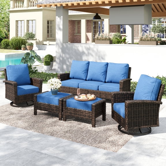 SUMMIT LIVING 7-Seat Wicker Patio Furniture Set with 2 Swivel Chairs & 3-Seat Sofa with 2 Ottoman, Outdoor Sectional Conversation Set for Garden, Blue