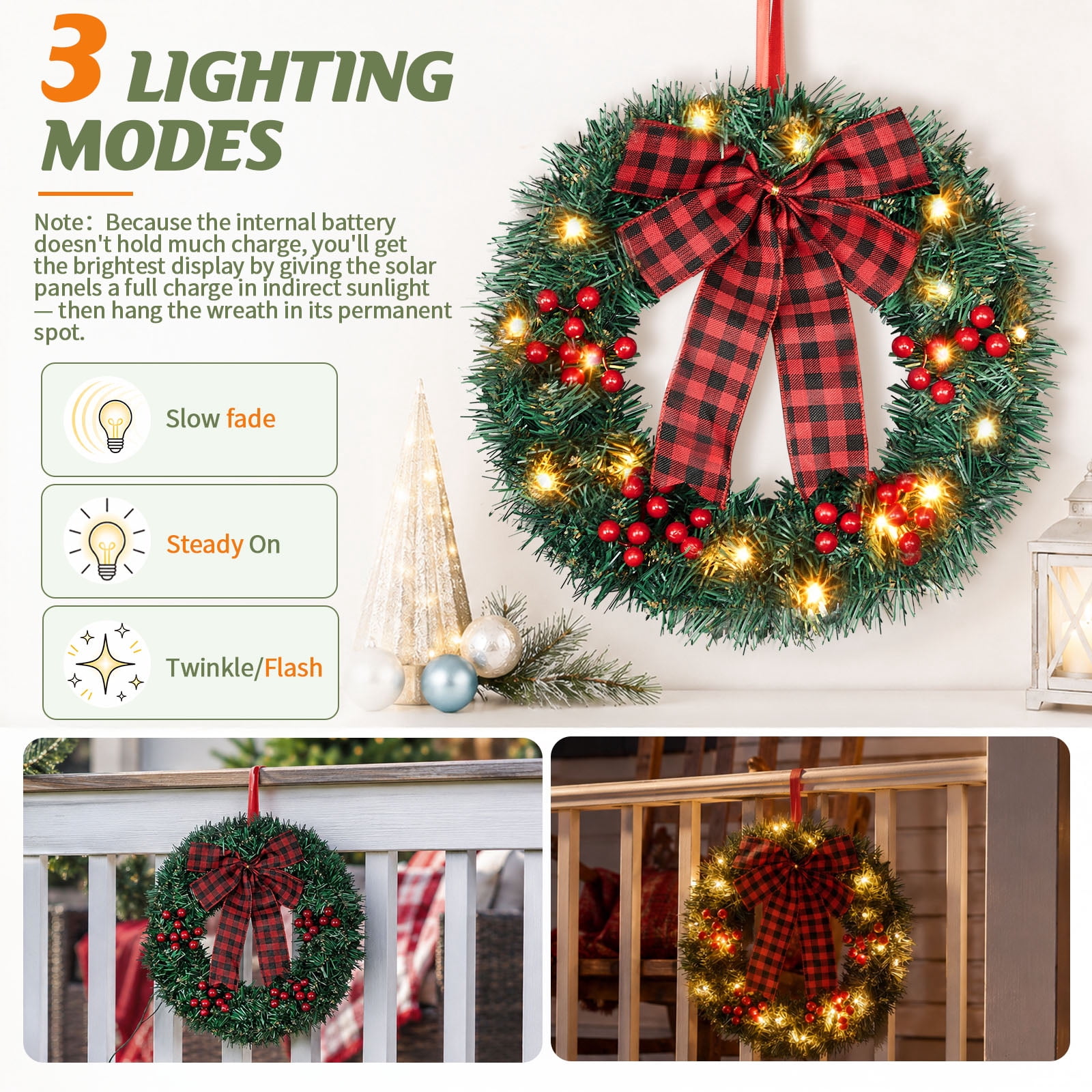 Astoutdoor Set of 3 Solar Christmas Wreaths, 14 in, 210 PVC Tips, 60 Warm White LEDs, 8 Modes, Ground Stake, White