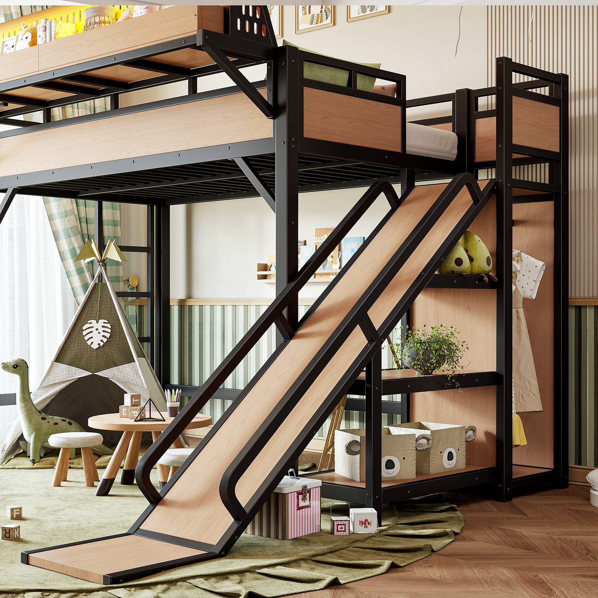 Leumius Twin XL Size Loft Bed with Slide,Storage Shelves and Built-in Wardrobe,Metal Loft Bed Frame with USB Ports and LED Lights,Pegboard,Safety and Solid,