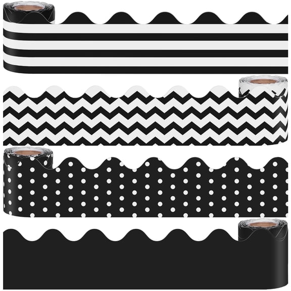 Elcoho 4 Pack 131.2 ft Black Scalloped Bulletin Board Border Roll, Back to School Trim Decor for Classroom Office Wall Displays