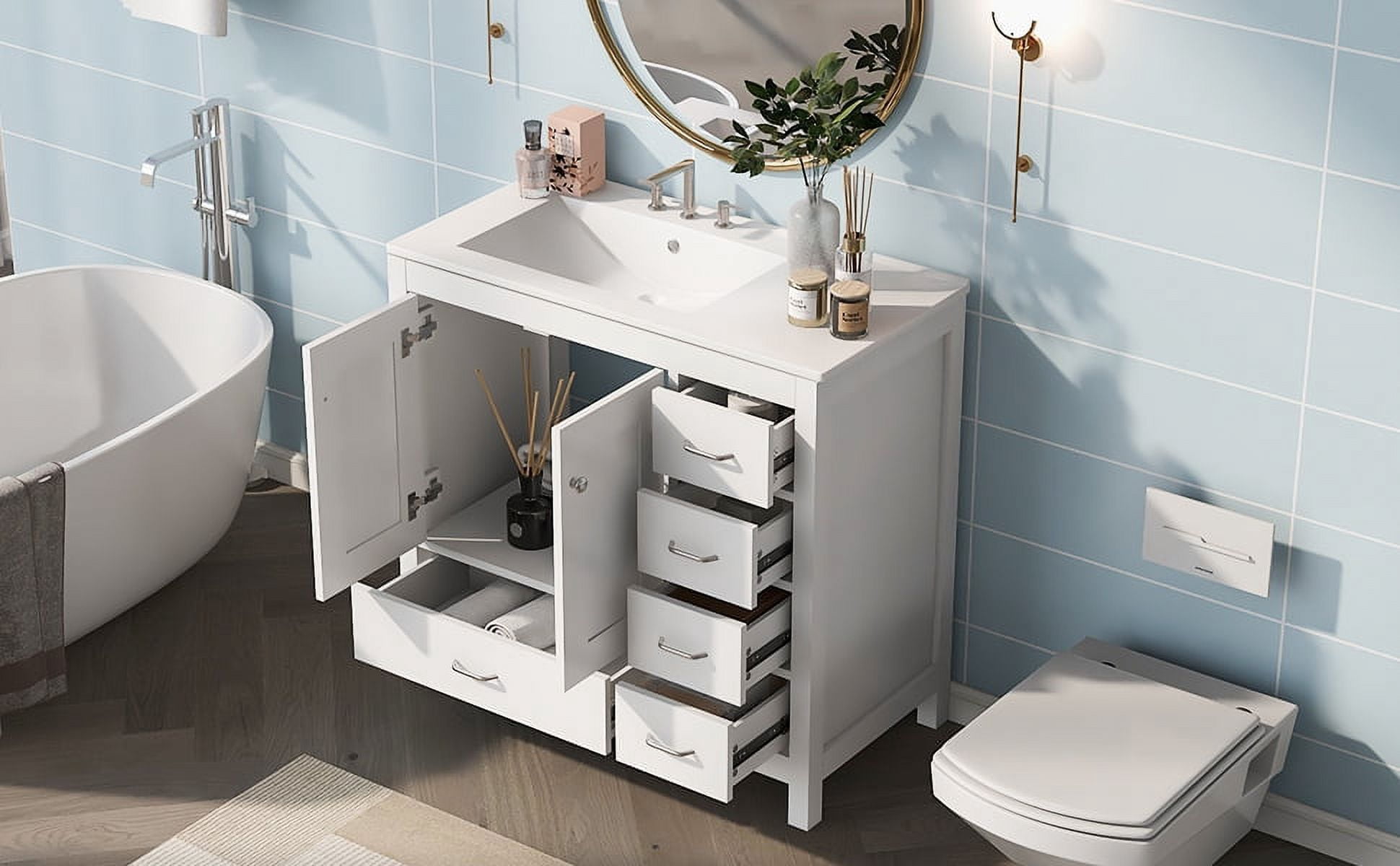 Euroco 36" White Bathroom Vanity with Ceramic Sink Combo, Abundant Storage Cabinet -2 Soft-close doors and 5 drawers