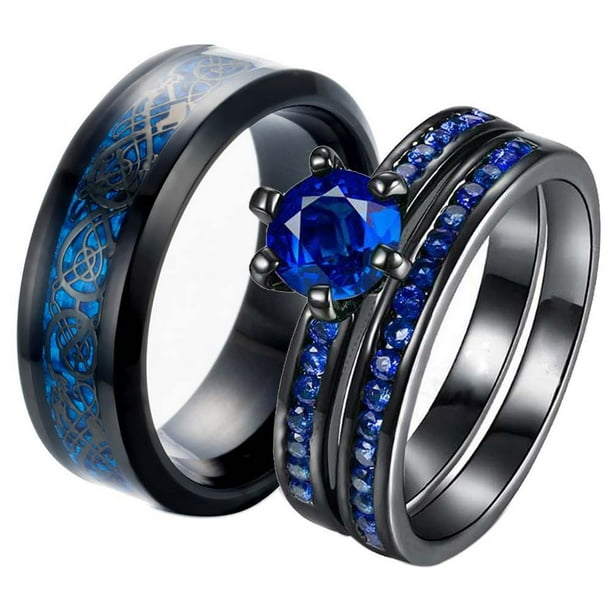 2 Matching Rings Couple Ring Black Gold Plated 1CT Blue CZ Women