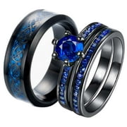 ringheart 2 Matching Rings His and Hers Ring Couple Rings Blue AAA Cz Wedding Ring Sets for Him and Her Womens Ring Men Ring