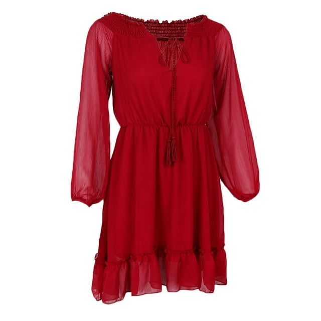 Vestido de Gasa Hugo Bohemio de Verano con Hombros Descubiertos Vino Rojo