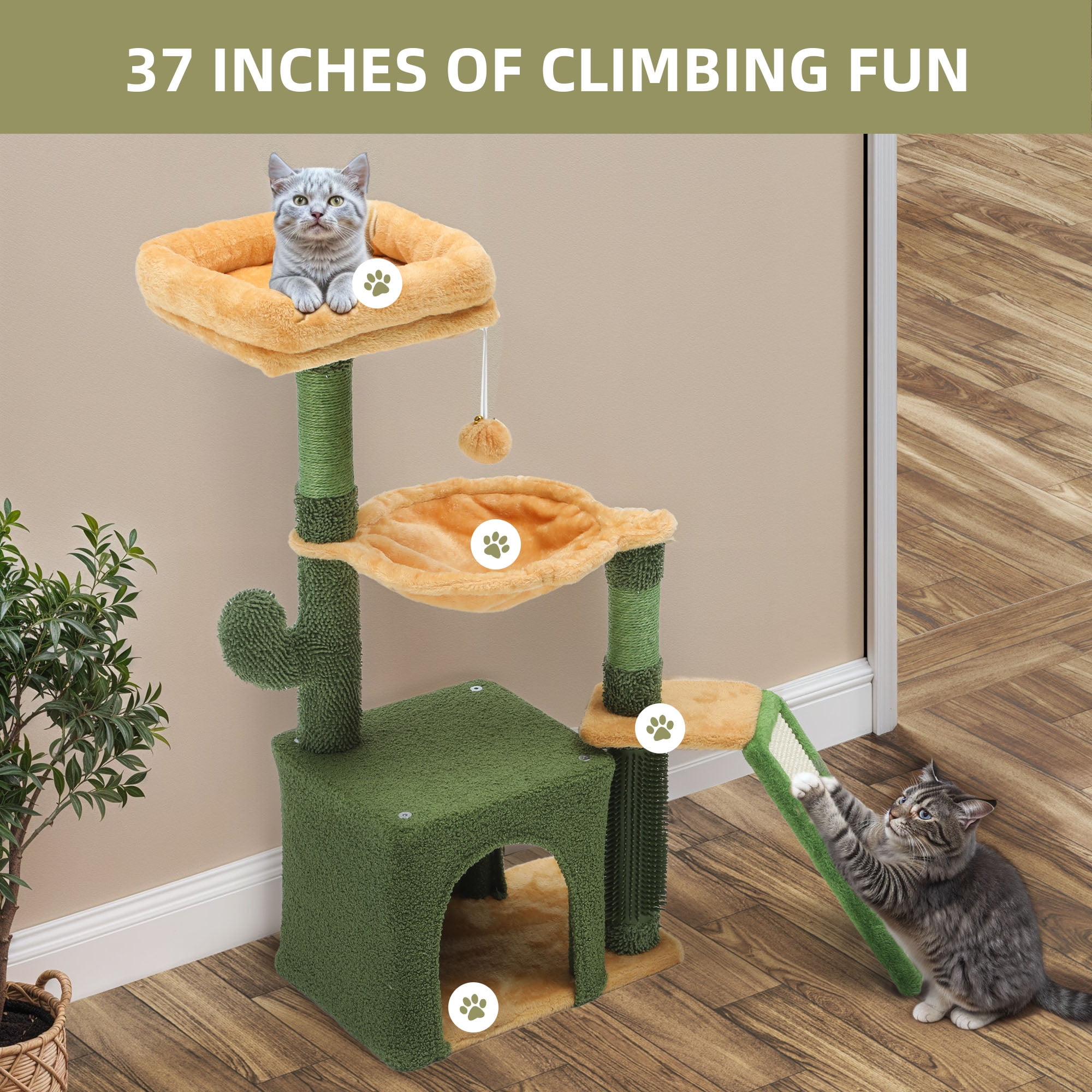 Uforic 37" Cactus Cat Tree Condo, Cat Climbing Tower, with sisal Scratching Post, Plush Platform, Hammock for Indoor Cats, Green