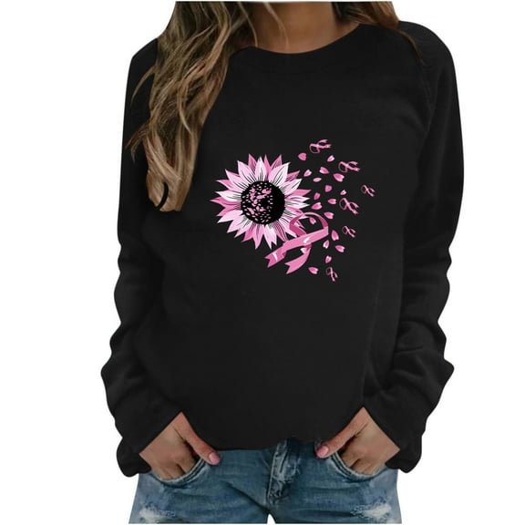 WREESH Cancer Awareness Graphic Shirts for Women Sweatshirt Pink Ribbon Long Sleeve Casual Top Black