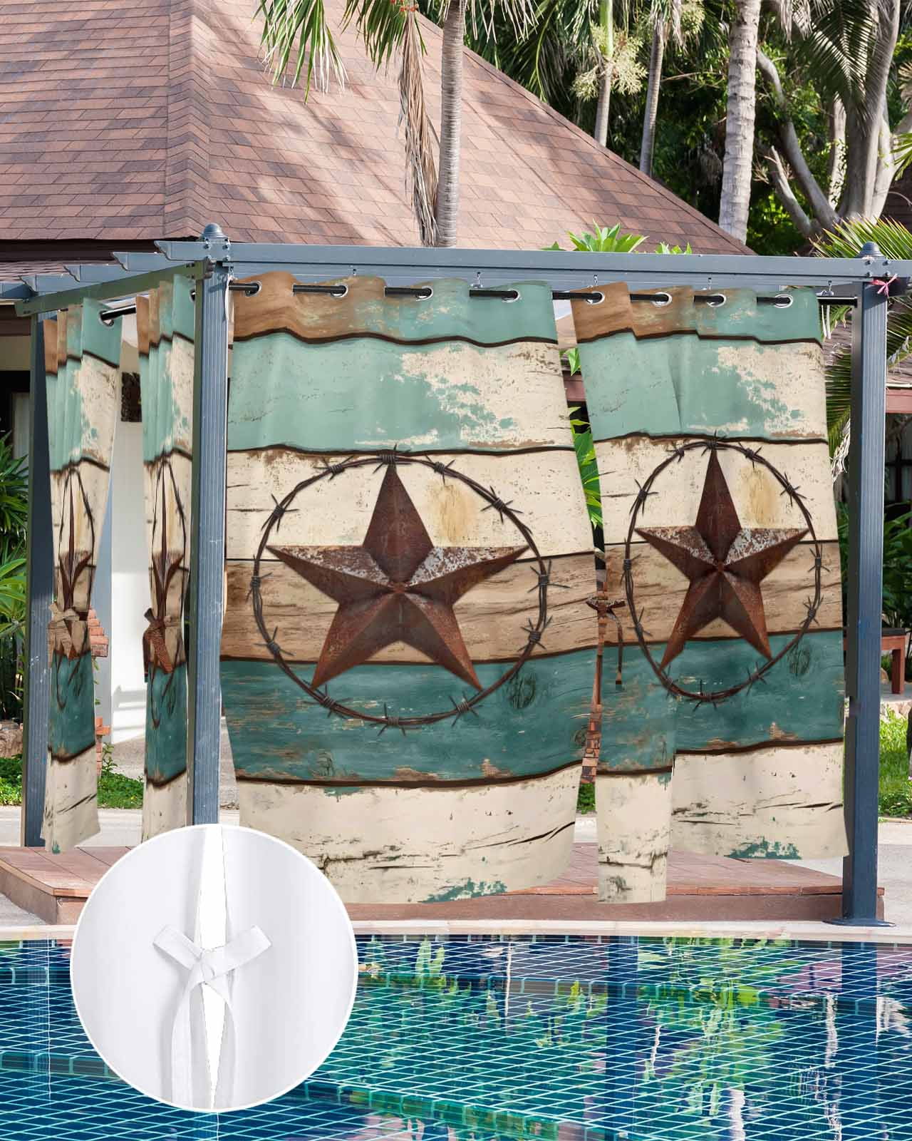 nqOlkjepod Outdoor Curtains for Patio Waterproof, Texas Star Outdoor Privacy Panels Grommet, Country Teal Brown Farmhouse Wooden Blackout Outside Curtains for Porch/Cabana/Pergola 54"x95", 2 Panels