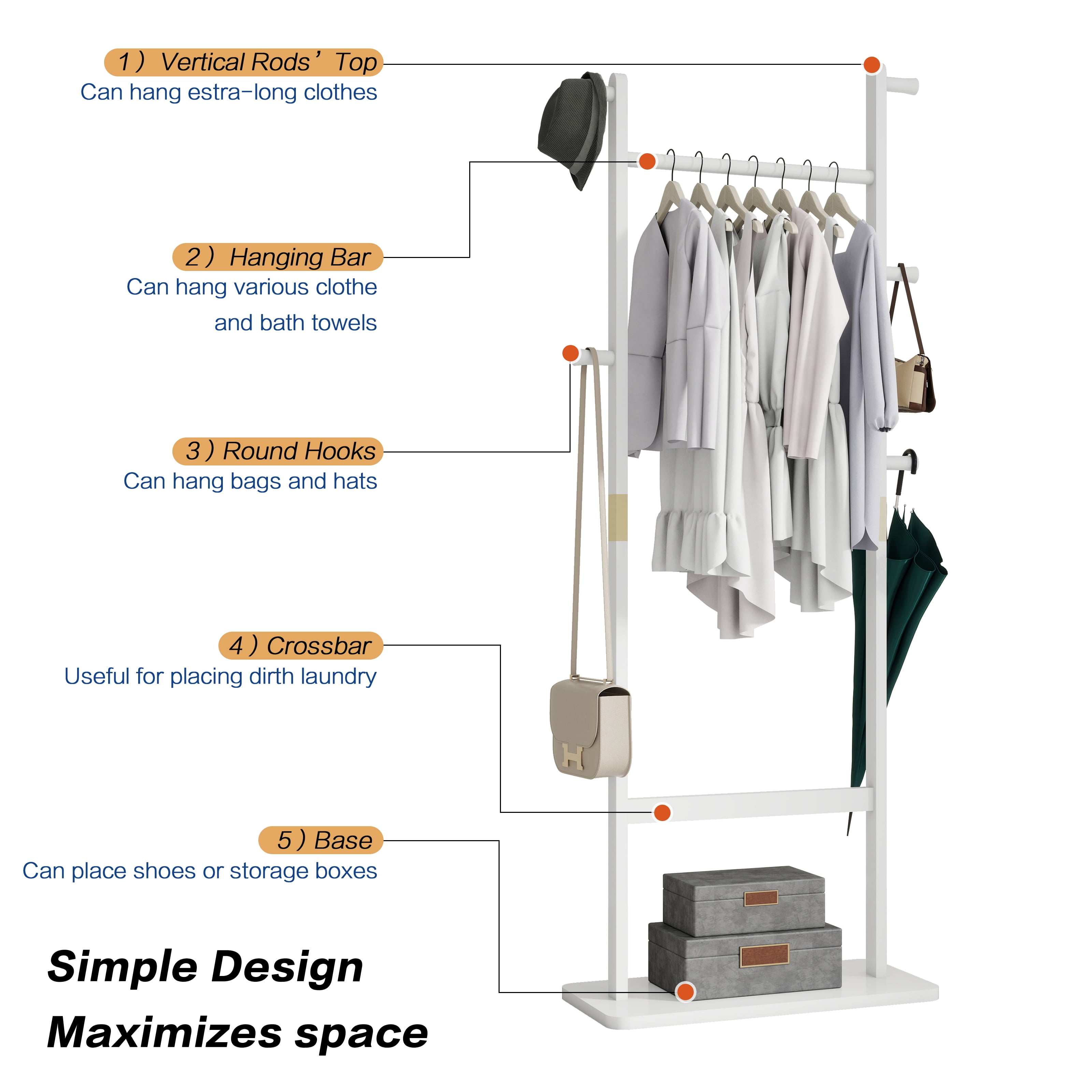 Garitin Coat Rack and Hall Tree 70.87 Inch, Solid Wood Freestanding Stand with Hooks and Hat Shelf for Entryway Living Room Bedroom, White Rubber Wood