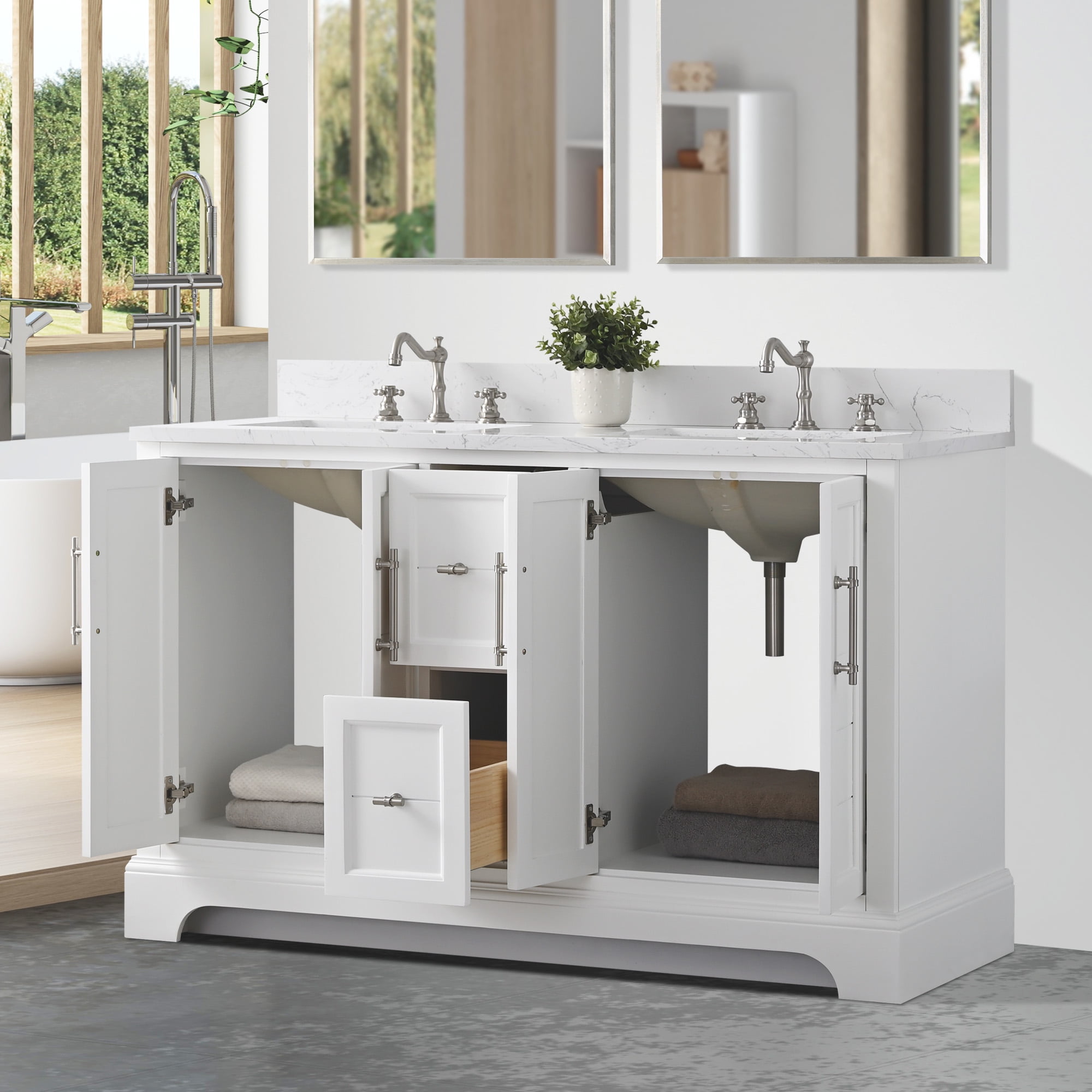 Vanity Art VA5054-W 54 x 22 x 34 in. Single Sink Bathroom Vanity with Quartz Top & Backsplash, White