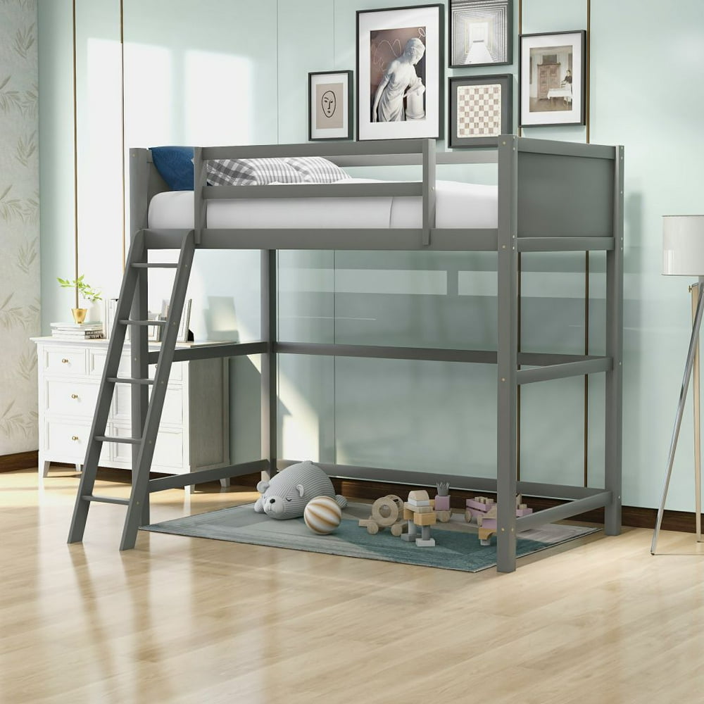 Solid Wood Twin Size Loft Bed with Ladder, Panel Style High Loft Bed