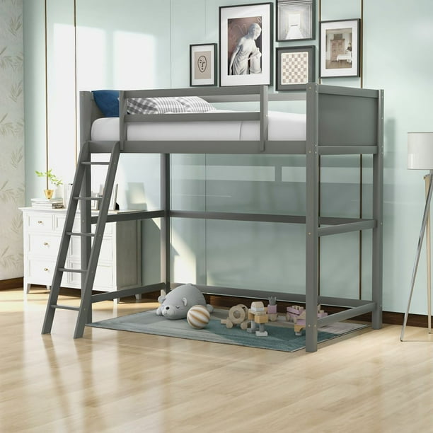 Solid Wood Twin Size Loft Bed with Ladder, Panel Style High Loft Bed