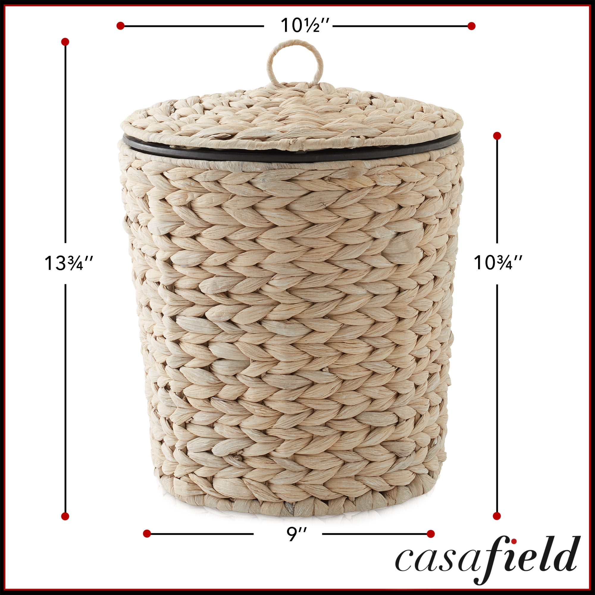 Casafield Hyacinth Trash Can with Lid and Liner, Whitewash White Wicker Waste Basket for Garbage in the Bathroom, Bedroom, Laundry Room, Home Office