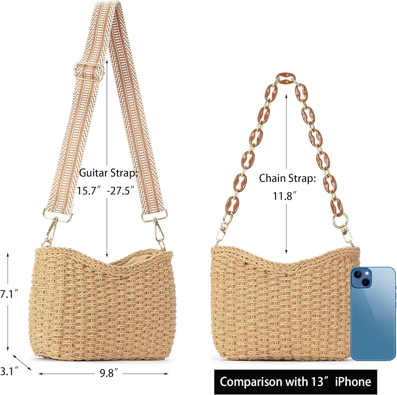 Small Handmade Straw Pocketbook Crossbody Bag for Women, Summer Chic Woven Handbag Shoulder Purse with Chain