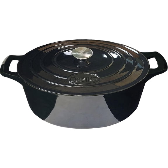 La Cuisine 6240MB Enameled Cast Iron Oval Dutch Oven Casserole 6.75 QT 33x25x16cm Matte Black Enamel Interior, Glossy Black Porcelain Enamel Coating Exterior