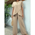 thumbnail image 2 of Womens Summer 2 Piece Outfits Short Sleeve Casual Round Neck Wide Leg Long Pants Suit Set  XXL, 2 of 5