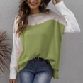 thumbnail image 2 of XPMWRP Women's Casual Round Neck Color Block Fashion Sweater Side Split Hem Long Sleeve Loose Ribbed Blouse Tunic Tops Knit Sweater Green M, 2 of 7