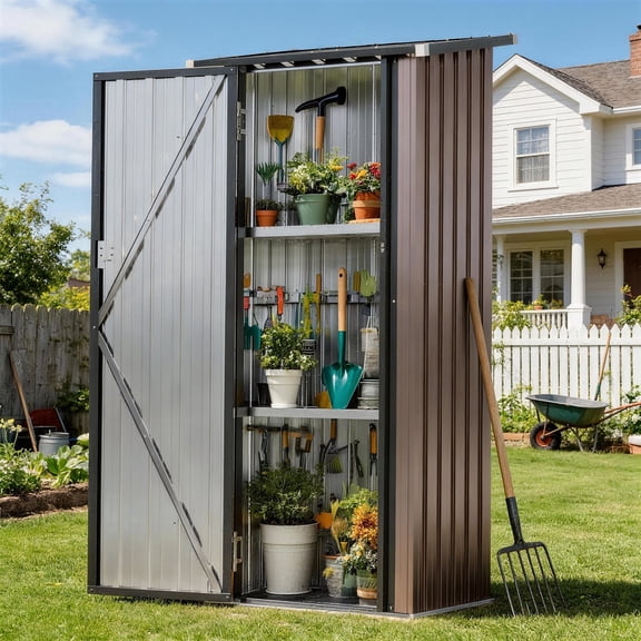 Clouddwell 3x3 FT Outdoor Storage Cabinet with Floor & Adjustable Shelves, Metal Garden Shed with Lockable Door, Small Backyard Tool Storage for Patio, Lawn & Garden, Brown