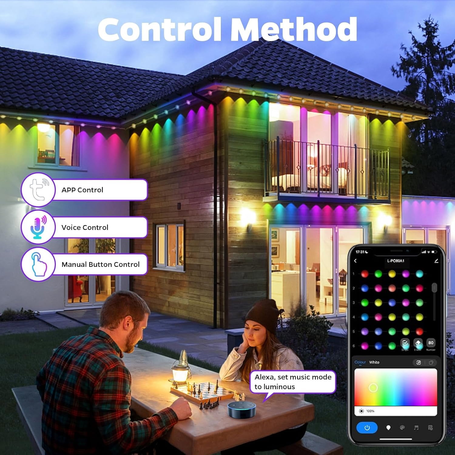 Permanent Outdoor Lights, 100ft Smart RGB+IC Outdoor Lights with 72 Scene Modes, 60 LED Eaves Lights IP67 Waterproof for Holidays, Party, Daily, Compatible with Alexa, Google Assistant