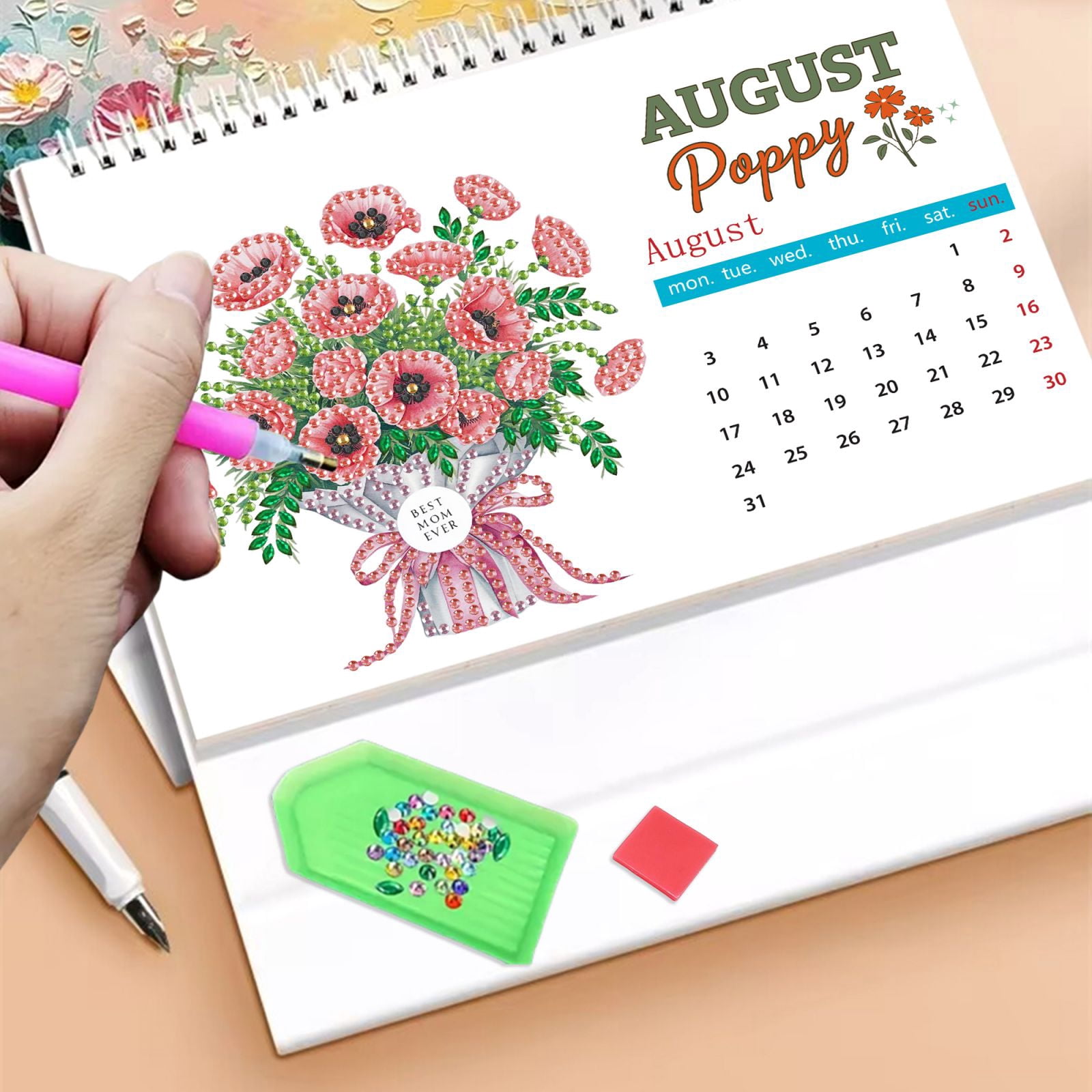 FLOPESN 2026 DIY Diamond Art Painting Desk Calendar,Thick Paper Monthly Flip Tabletop Calendars for Office Home Decor Planning-Bouquet