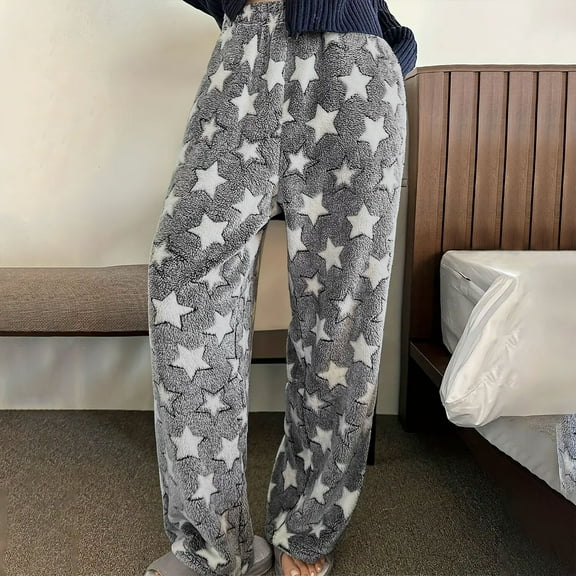 Women's Plus Size Fuzzy Fleece Pajama Pants Star Print Elastic Waist Wide Leg Lounge Sleepwear Cozy Winter Warm Jogger Pajama Bottoms