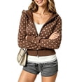 thumbnail image 2 of Womens Polka Dot Hoodie Zip up Long Sleeve Drawstring Pullover Sweatshirt Slim Fashion Fall Hoodie Coffee XXL, 2 of 6