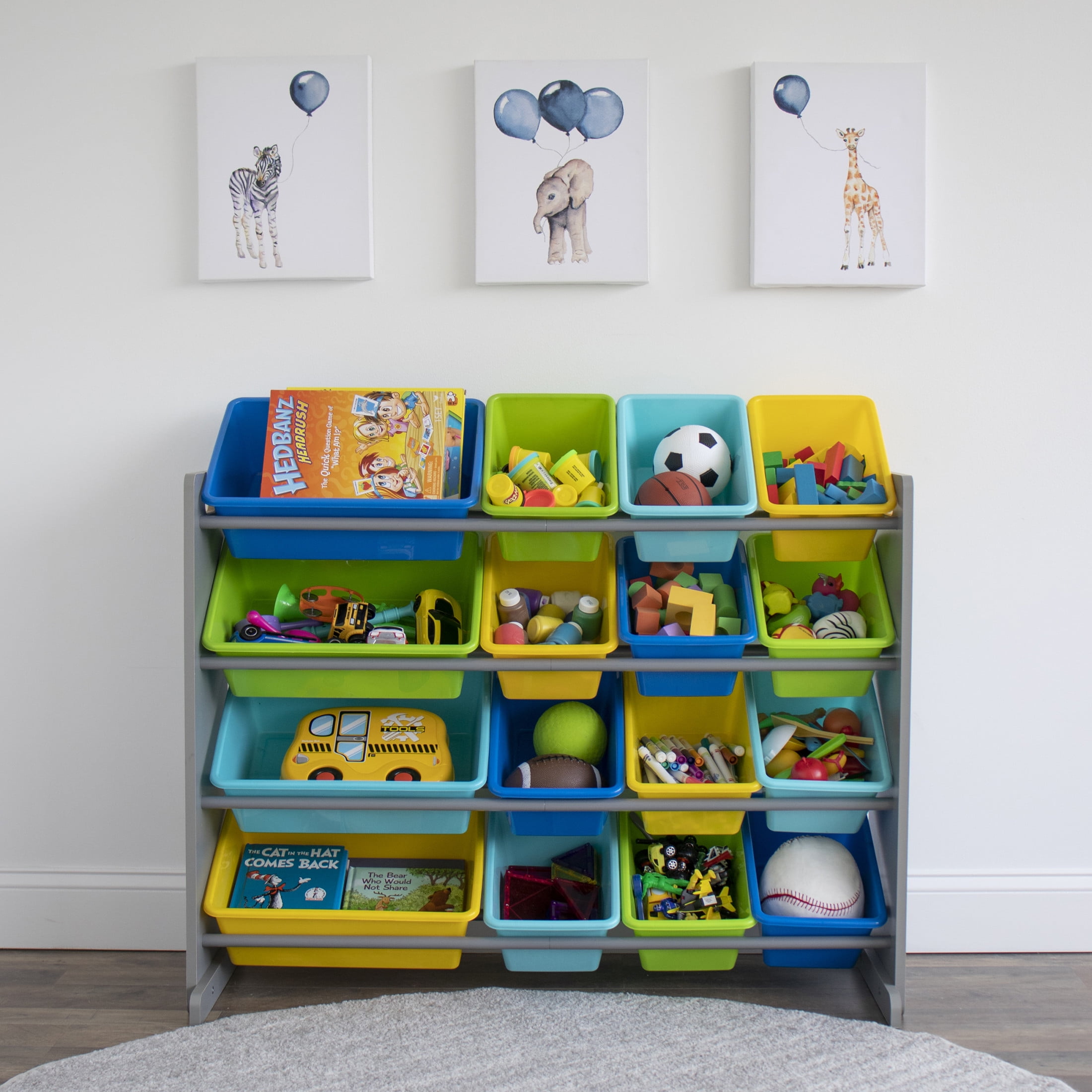Humble Crew Storage Organizer with 16 Plastic Bins for Kids & Toddlers, Grey/Blue/Green/Yellow