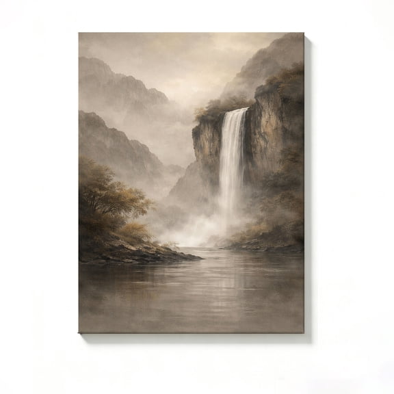 FLASHLUMI 8x12 Inch Vintage Misty Mountain Waterfall Landscape Oil Painting Canvas Wall Art, Serene Nature Asian Ink Style Home Decor for Living Room Bedroom, No Frame