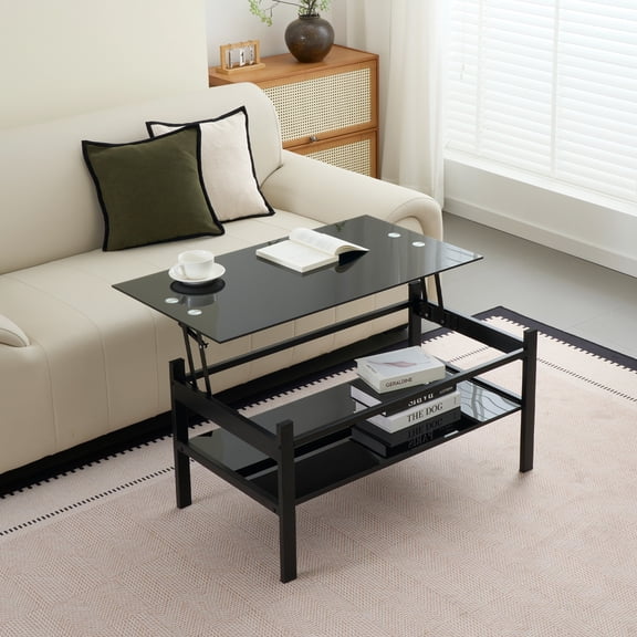 Lift-Top Coffee Table with Storage,Modern Glass 2-Layer Tempered Glass Coffee Table for Living Room,Black
