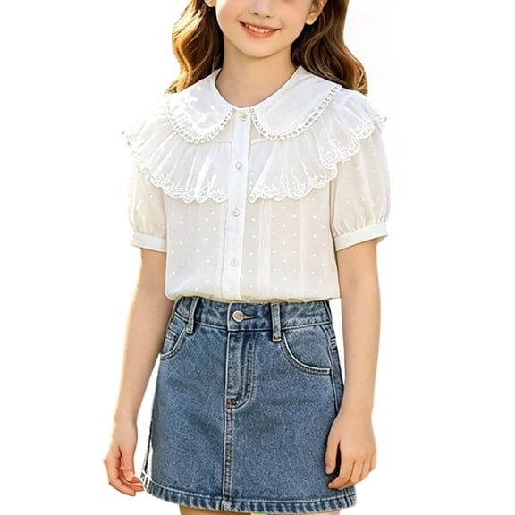 Zpanxa Girl Shirts Short Sleeve Collared White Lapel Button School Uniform Blouse Top 11 Years