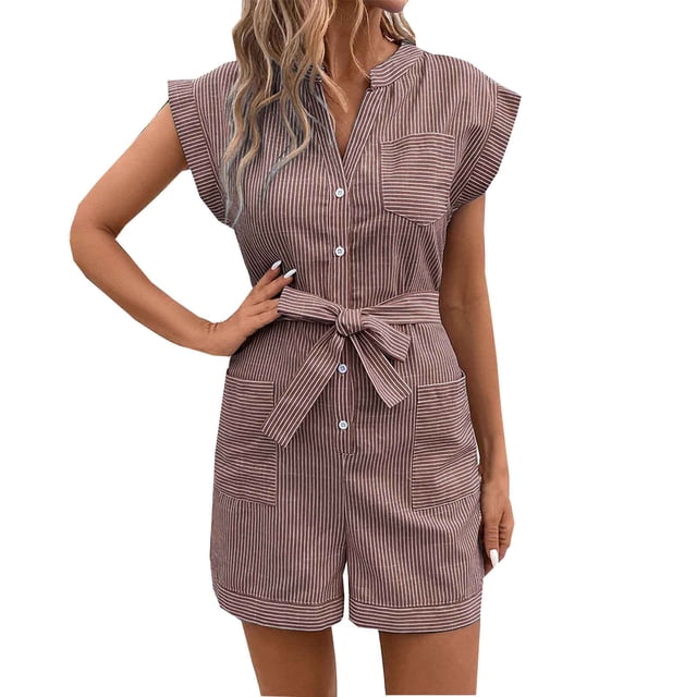 Yuyuzo Jumpsuits for Women Striped Sleeveless Button down Short Rompers Belted Work Overalls with Pockets